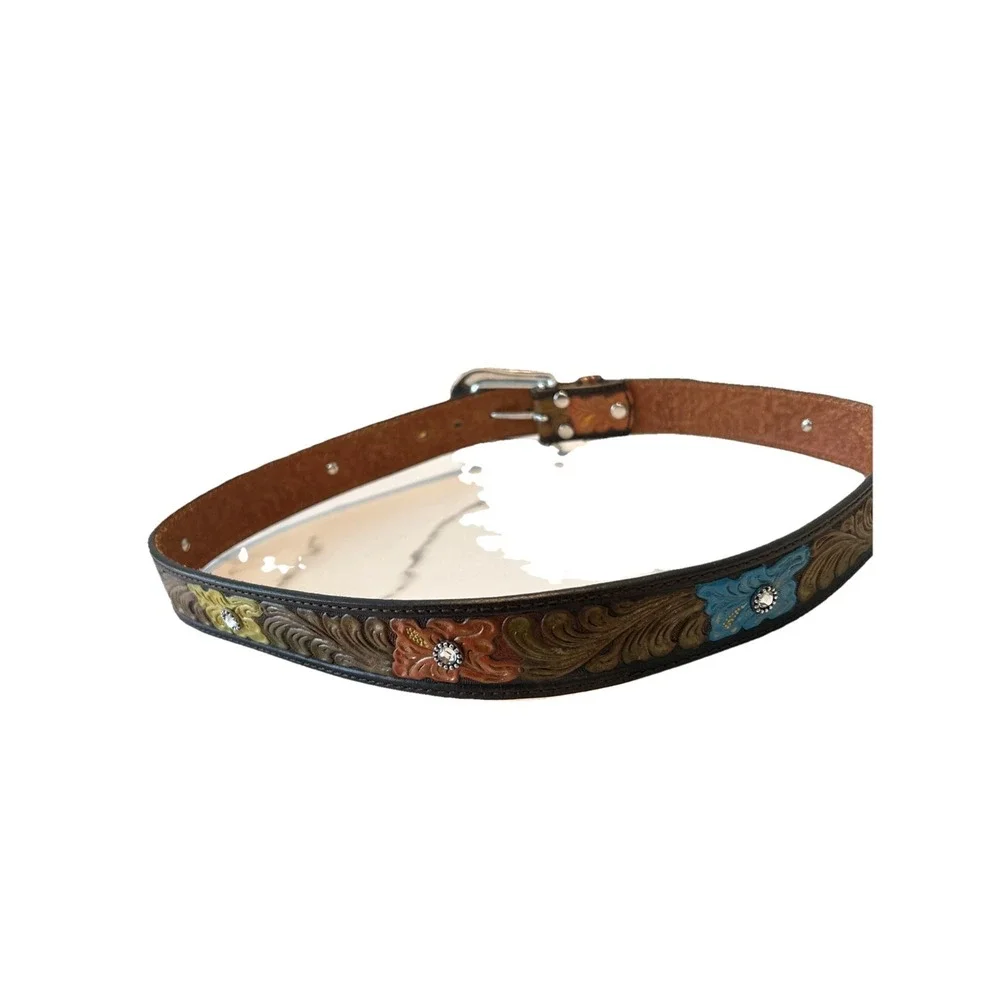 Nocona Womens Floral Tooled Leather Belt Rhinestone Hibiscus Western Brown Large